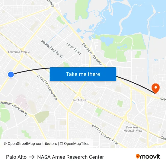 Palo Alto to NASA Ames Research Center map