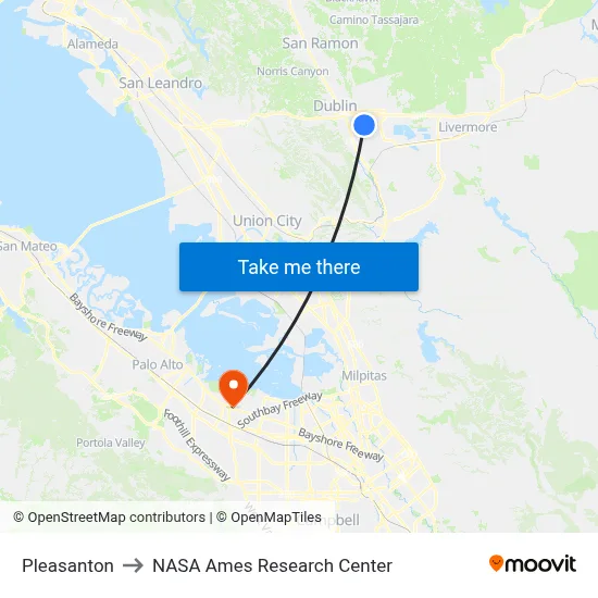 Pleasanton to NASA Ames Research Center map
