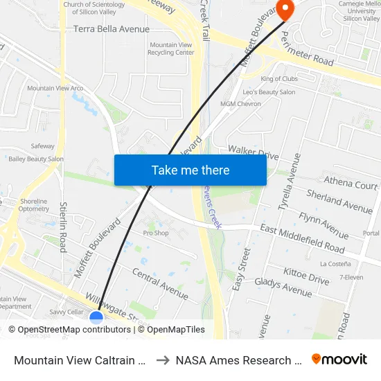 Mountain View Caltrain Station to NASA Ames Research Center map