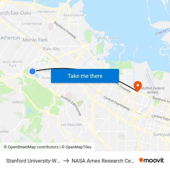 Stanford University-West, 355 Galvez St to NASA Ames Research Center map