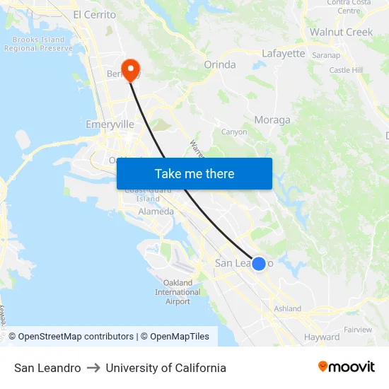 San Leandro to University of California map