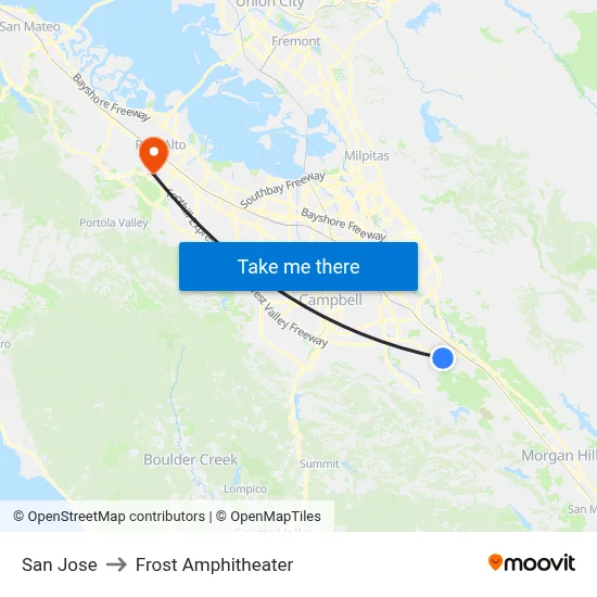 San Jose to Frost Amphitheater map