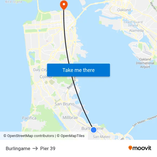 Burlingame to Pier 39 map