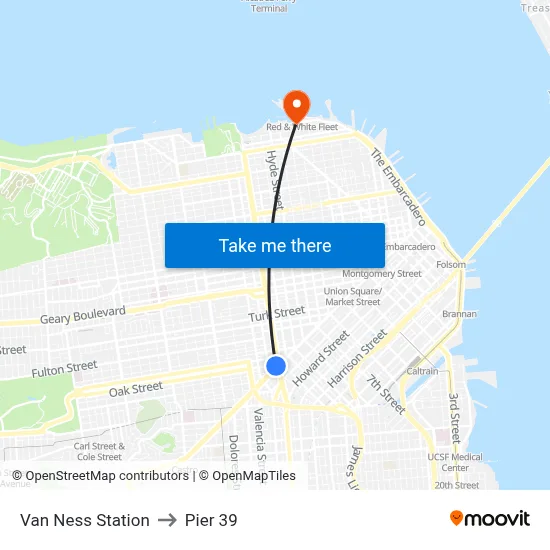 Van Ness Station to Pier 39 map