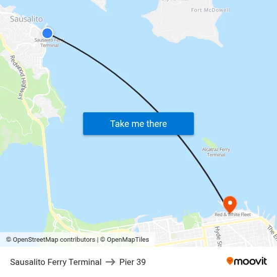 Sausalito Ferry Terminal to Pier 39 map