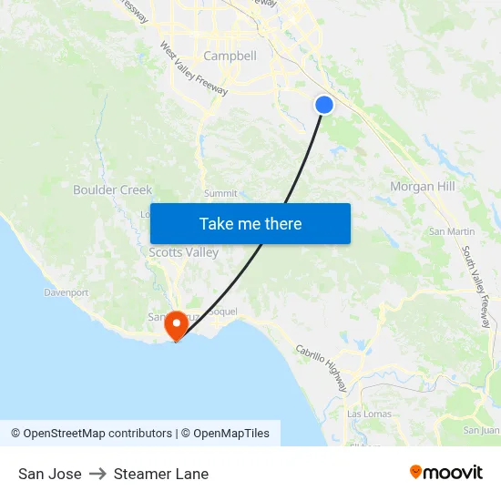 San Jose to Steamer Lane map