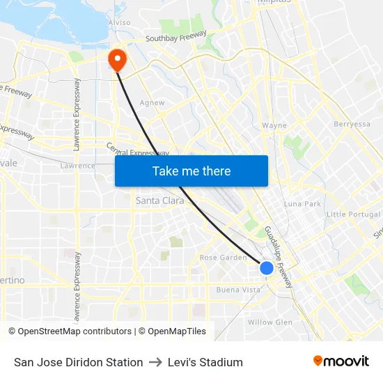 San Jose Diridon Station to Levi's Stadium map