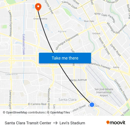 Santa Clara Transit Center to Levi's Stadium map