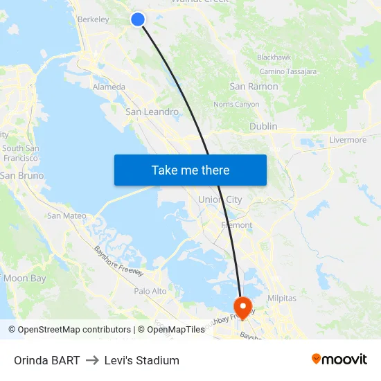 Orinda BART to Levi's Stadium map