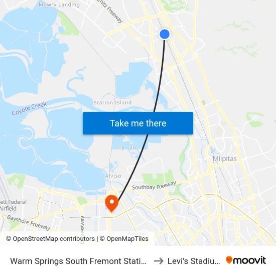 Warm Springs South Fremont Station to Levi's Stadium map