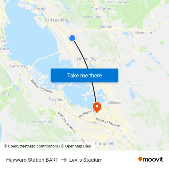 Hayward Station BART to Levi's Stadium map