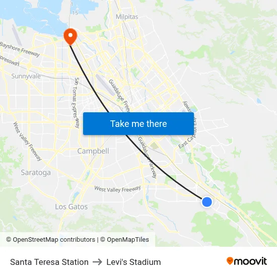 Santa Teresa Station to Levi's Stadium map