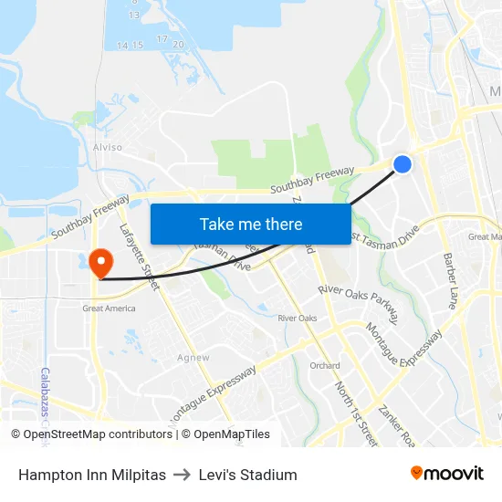 Hampton Inn Milpitas to Levi's Stadium map