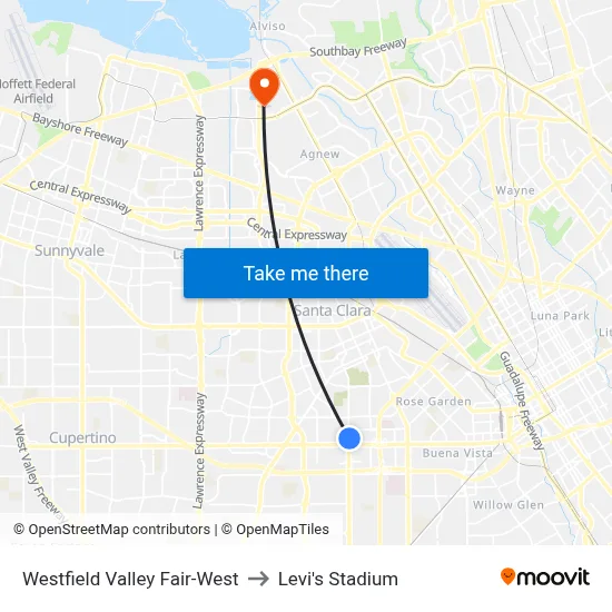 Westfield Valley Fair-West to Levi's Stadium map