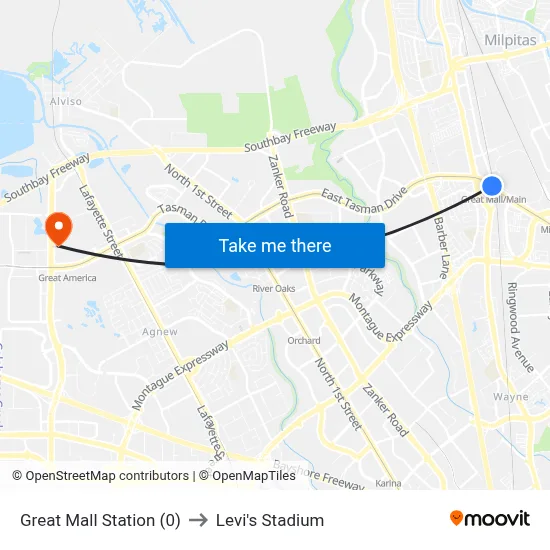 Great Mall Station (0) to Levi's Stadium map