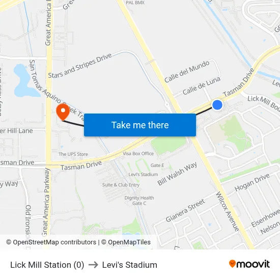 Lick Mill Station (0) to Levi's Stadium map