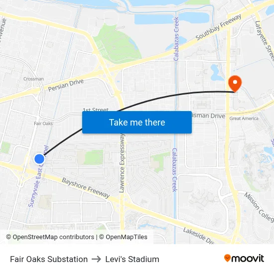 Fair Oaks Substation to Levi's Stadium map
