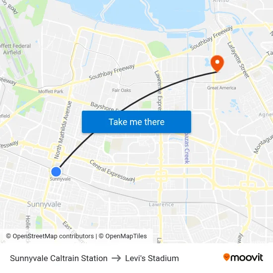 Sunnyvale Caltrain Station to Levi's Stadium map