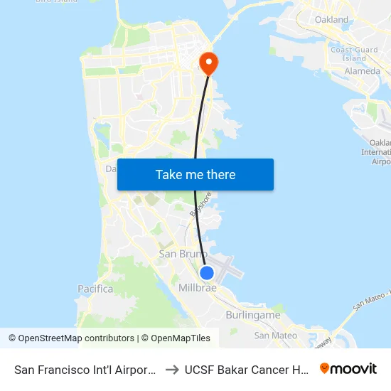 San Francisco Int'l Airport (SFO) to UCSF Bakar Cancer Hospital map