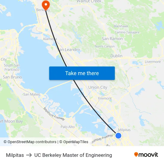 Milpitas to UC Berkeley Master of Engineering map