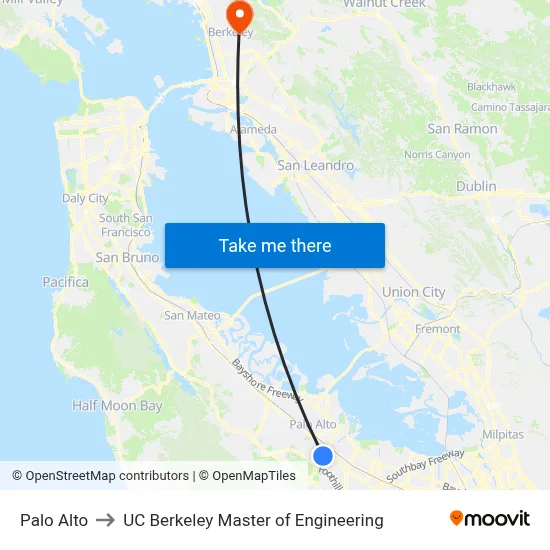 Palo Alto to UC Berkeley Master of Engineering map