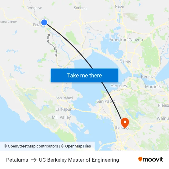 Petaluma to UC Berkeley Master of Engineering map