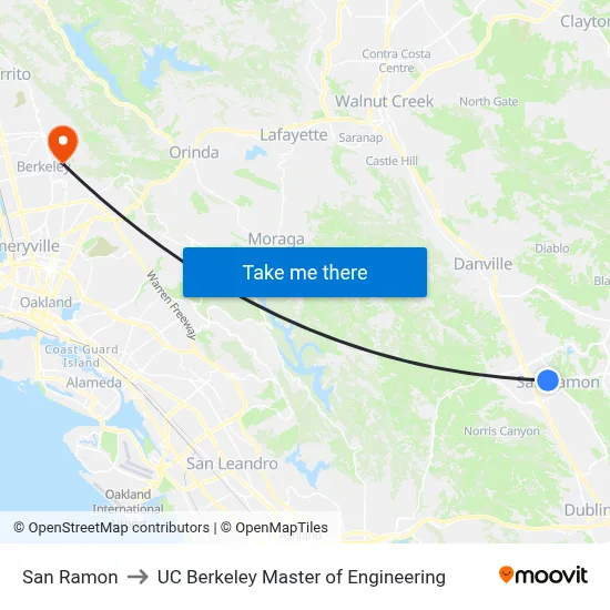 San Ramon to UC Berkeley Master of Engineering map