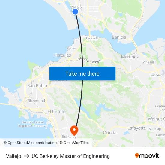 Vallejo to UC Berkeley Master of Engineering map