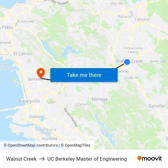 Walnut Creek to UC Berkeley Master of Engineering map