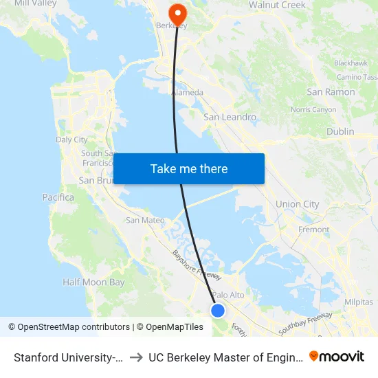 Stanford University-West, 355 Galvez St to UC Berkeley Master of Engineering map