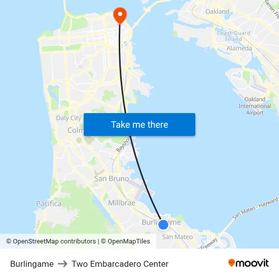 Burlingame to Two Embarcadero Center map
