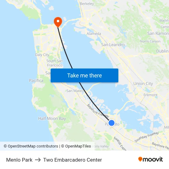 Menlo Park to Two Embarcadero Center map