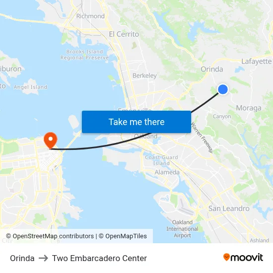 Orinda to Two Embarcadero Center map
