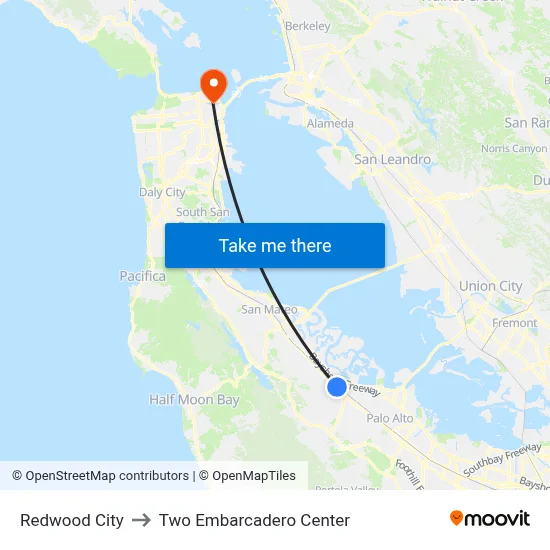 Redwood City to Two Embarcadero Center map