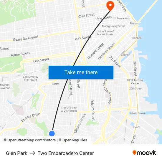 Glen Park to Two Embarcadero Center map