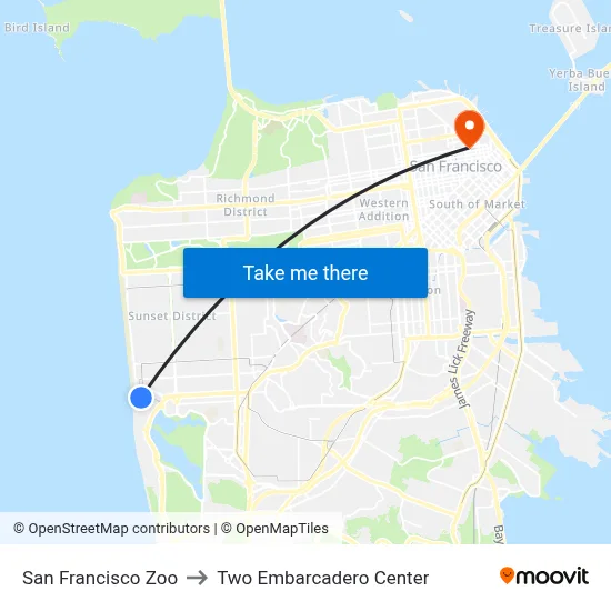 San Francisco Zoo to Two Embarcadero Center map