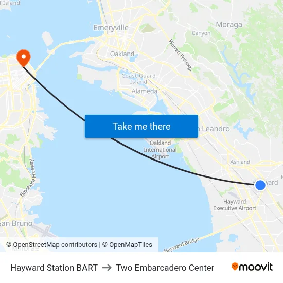 Hayward Station BART to Two Embarcadero Center map