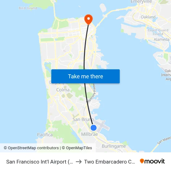 San Francisco Int'l Airport (SFO) to Two Embarcadero Center map