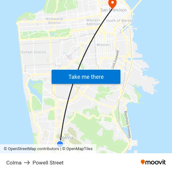 Colma to Powell Street map