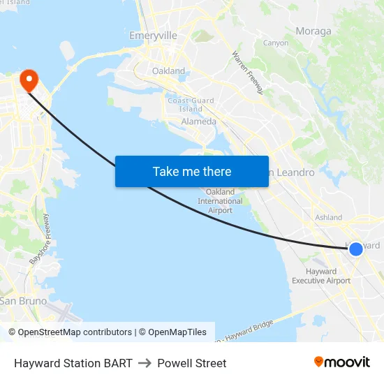 Hayward Station BART to Powell Street map
