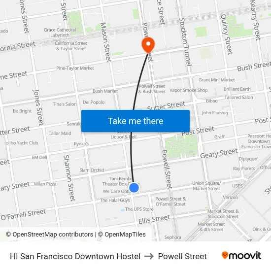 HI San Francisco Downtown Hostel to Powell Street map