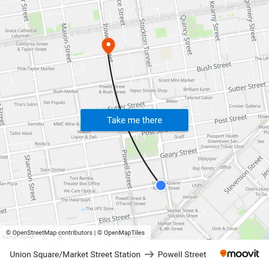 Union Square/Market Street Station to Powell Street map