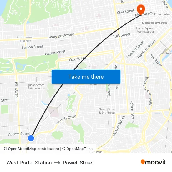 West Portal Station to Powell Street map