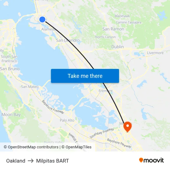 Oakland to Milpitas BART map