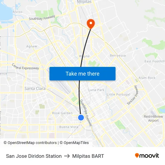 San Jose Diridon Station to Milpitas BART map