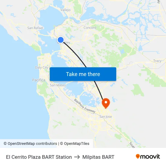El Cerrito Plaza BART Station to Milpitas BART map