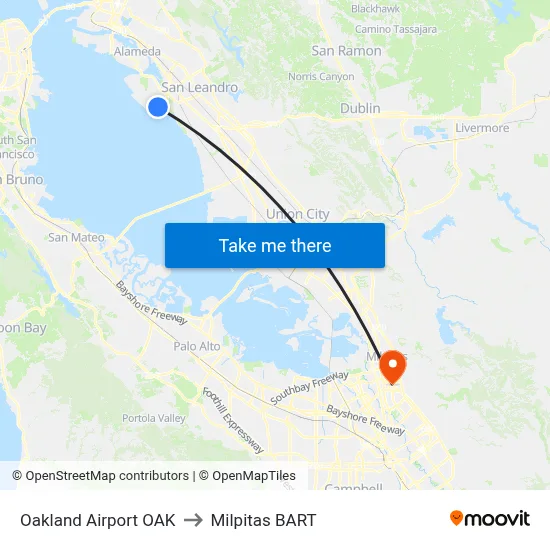 Oakland Airport OAK to Milpitas BART map