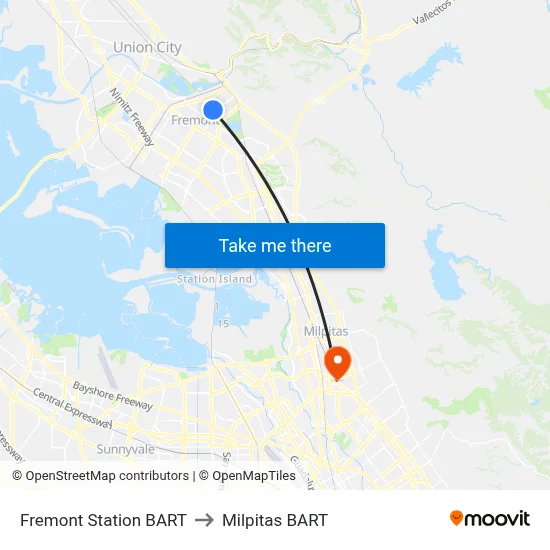 Fremont Station BART to Milpitas BART map