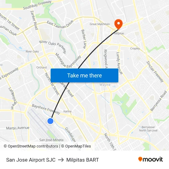 San Jose Airport SJC to Milpitas BART map