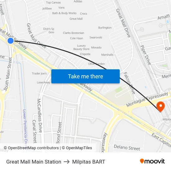 Great Mall Main Station to Milpitas BART map